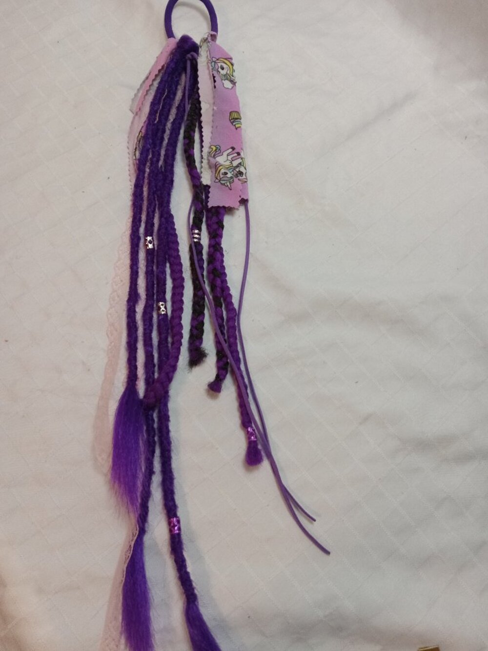 Handmade bohemian hair accessory with dreads, braids, lace ribbons & decorations